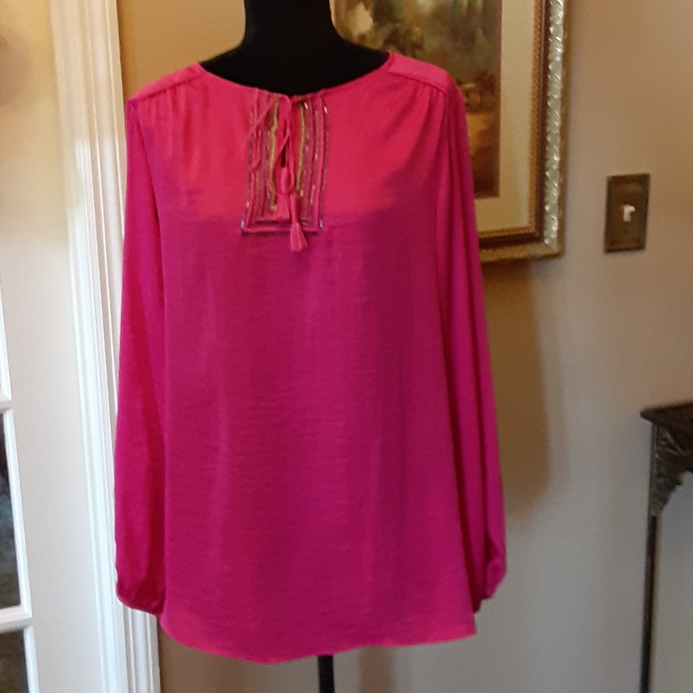 Lane Bryant fuchsia long sleeve top embroidery beads tassel tie size 14 EUC…